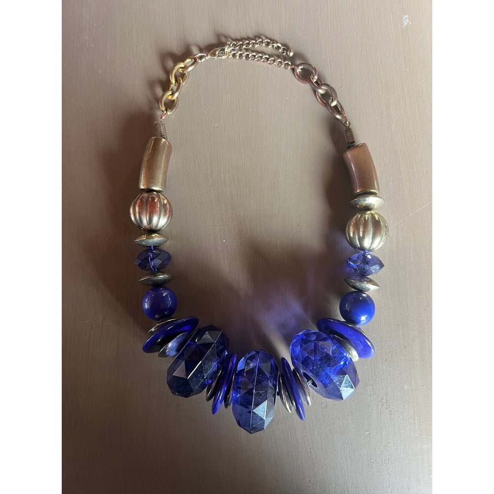 Statement Necklace Blue Gold Chunky Faceted Resin Bead Modernist Statement Bold